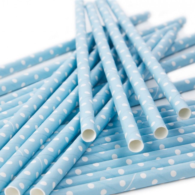 Cañitas azul celeste con lunares blancos 25 uds.: Detalles fiesta