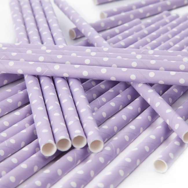 Cañitas lila con lunares blancos 25 uds.: Detalles fiesta