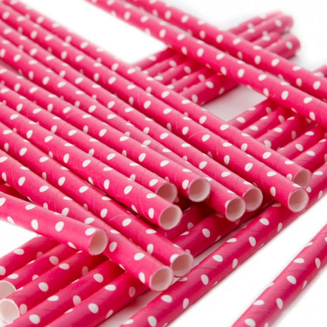 Cañitas rosa oscuro con lunares blancos 25 uds.: Detalles Candy Bar