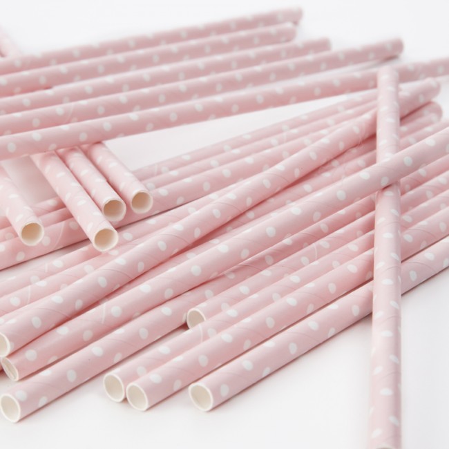 Cañitas rosa palo con lunares blancos 25 uds.