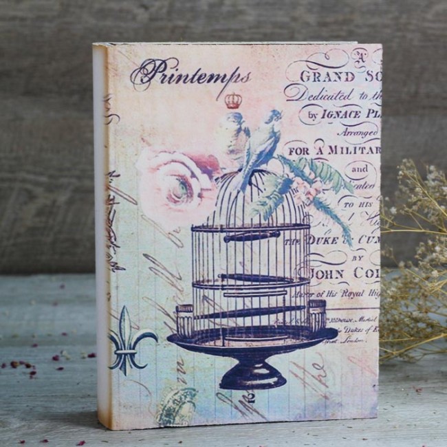 Caja formato libro jaula pajaritos: Decoración vintage